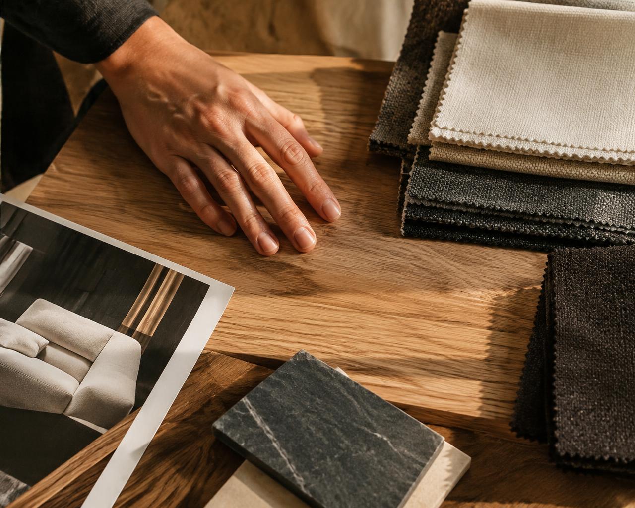 Wood, fabric and stone material samples on a table
