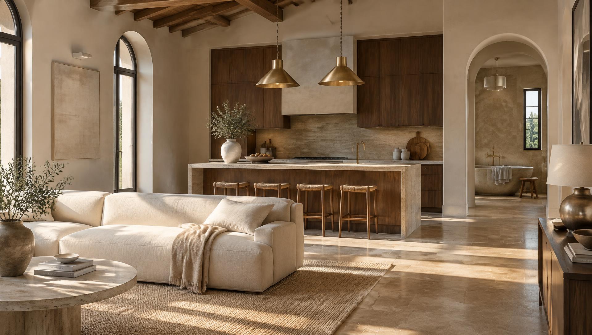 Contemporary European open-plan interior with living area, walnut kitchen and stone bathroom